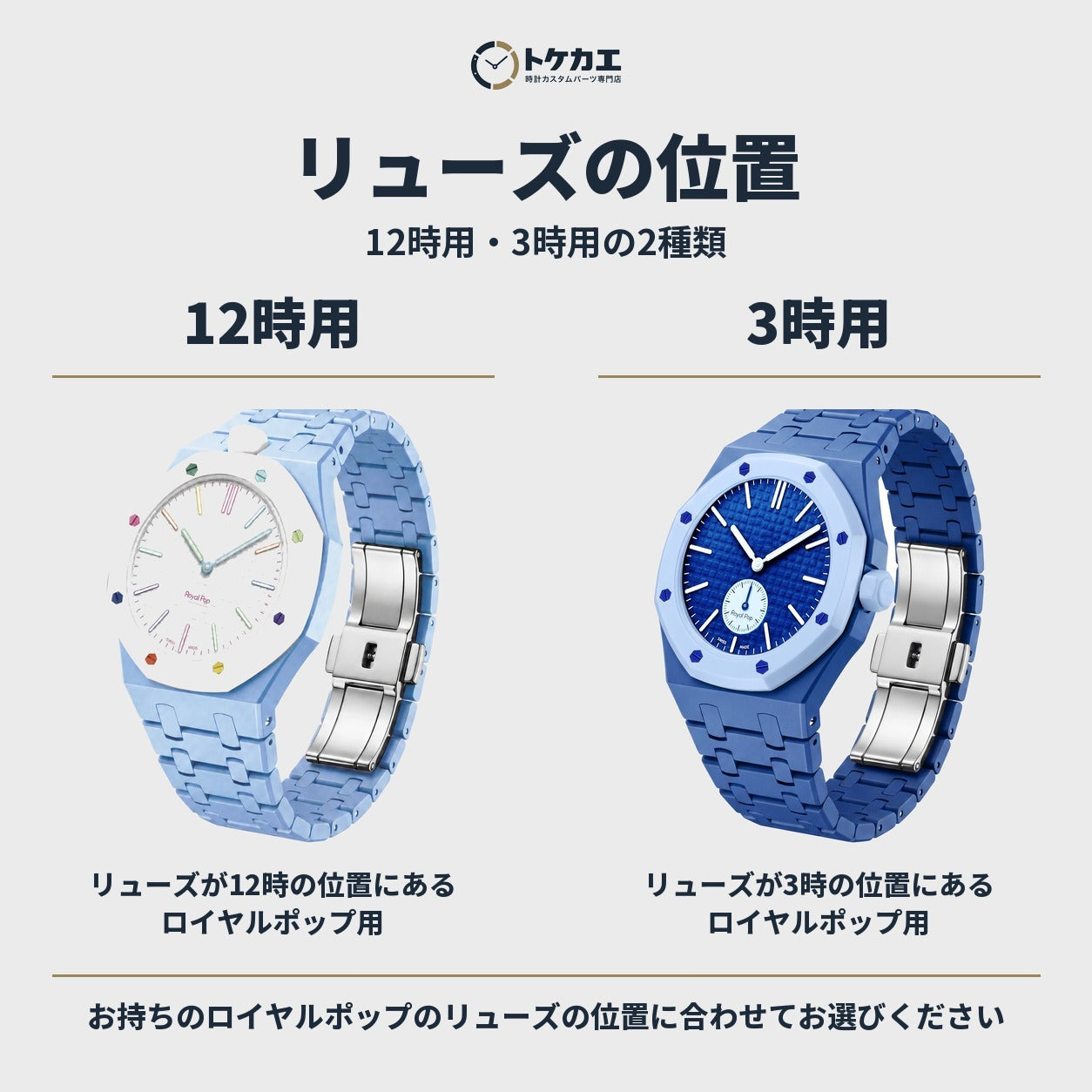 リューズの位置：12時用・3時用の2種類