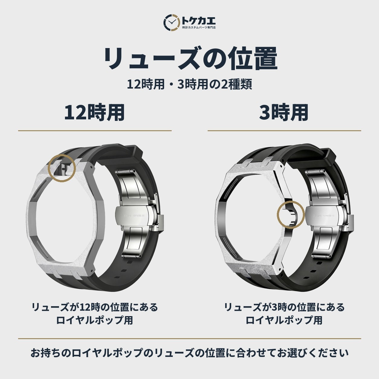リューズの位置：12時用・3時用の2種類