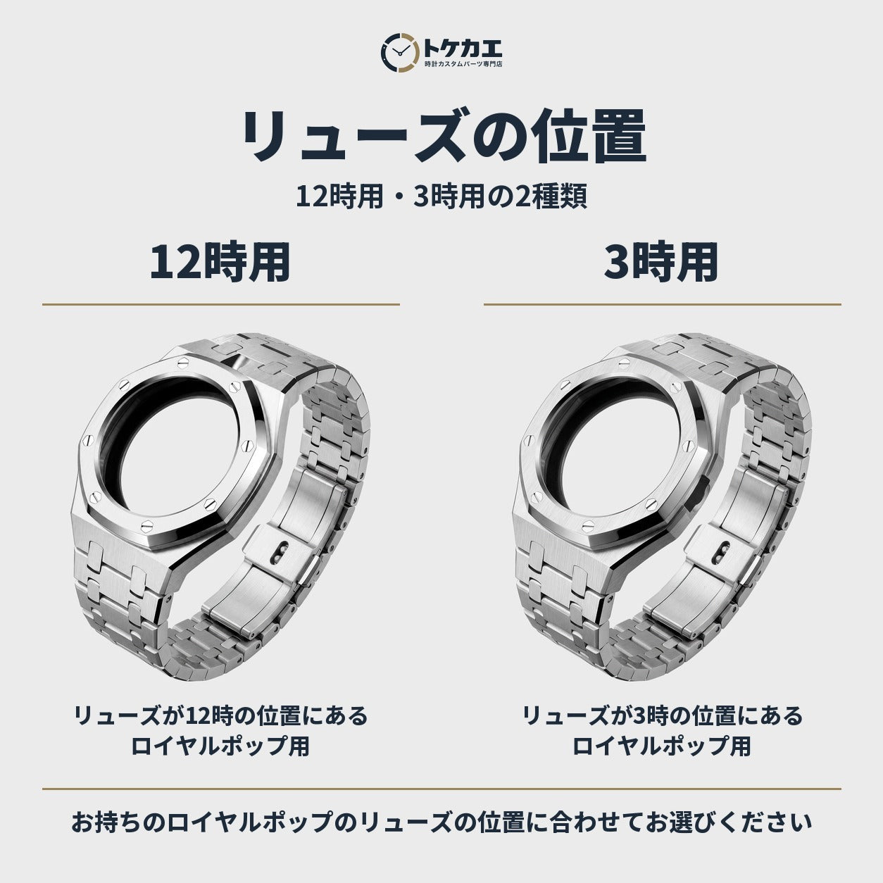 リューズの位置：12時用・3時用の2種類