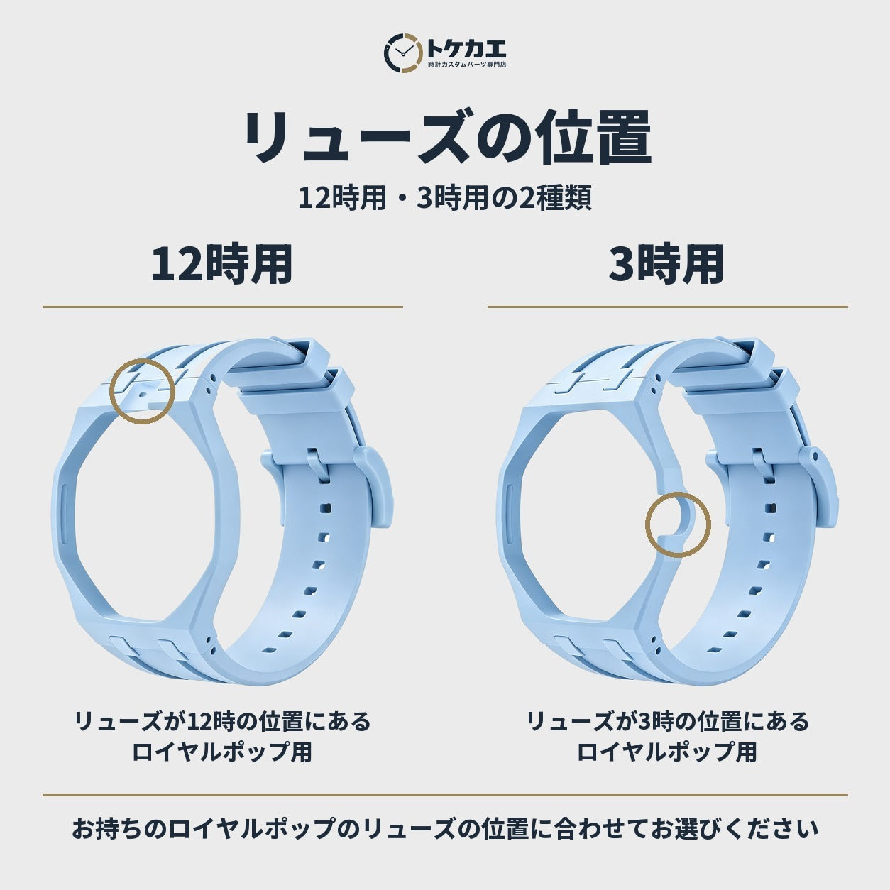 リューズの位置：12時用・3時用の2種類