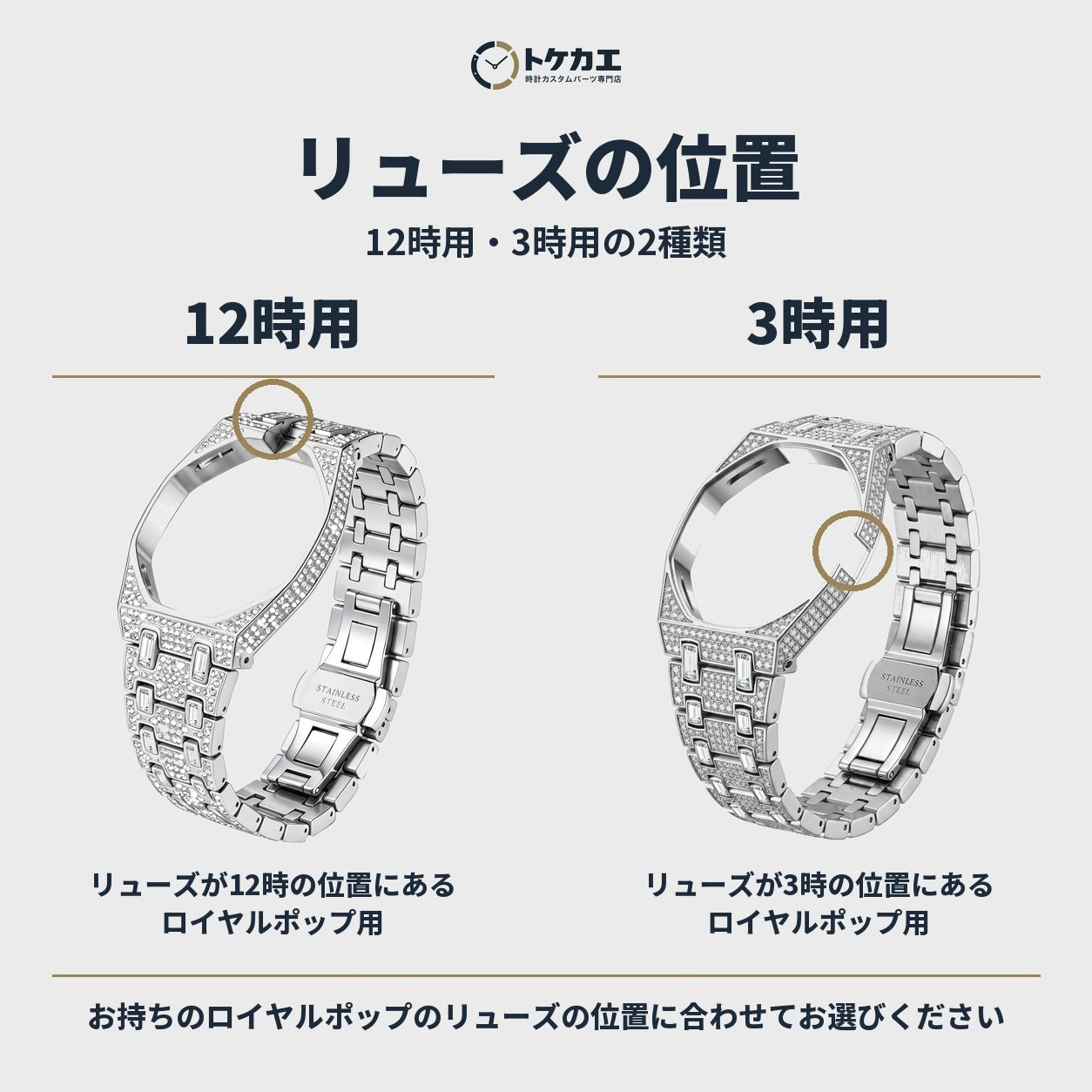 リューズの位置：12時用・3時用の2種類